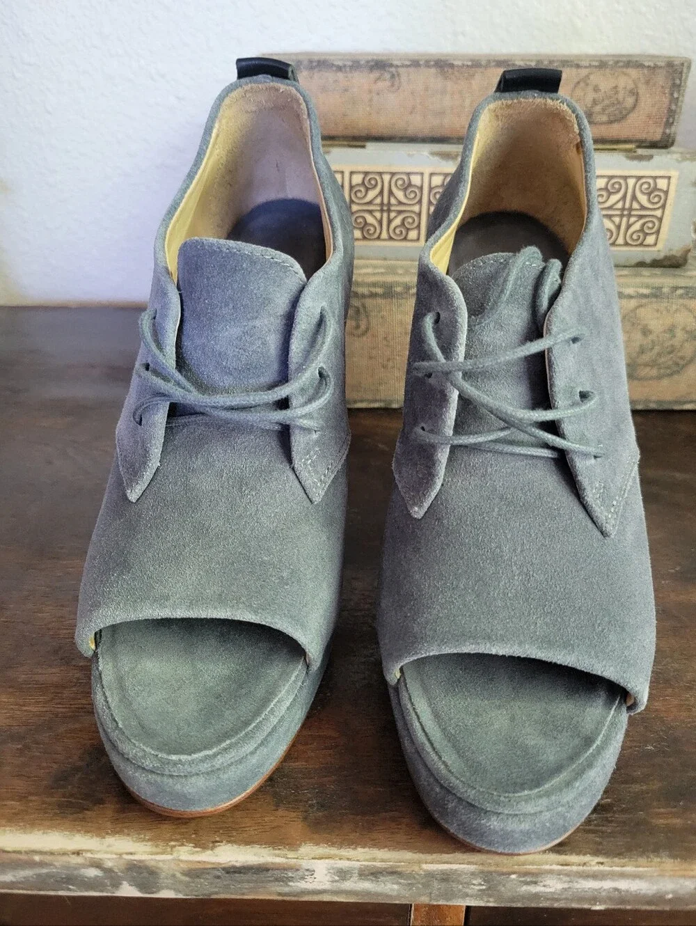 Rag & Bone Suede Peep-Toe Wedge Heels in Slate Gray - Women
